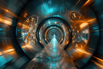 Hyperspace tunnel lined with clocks, surreal visual experience of time travel traffic captured AI Generative