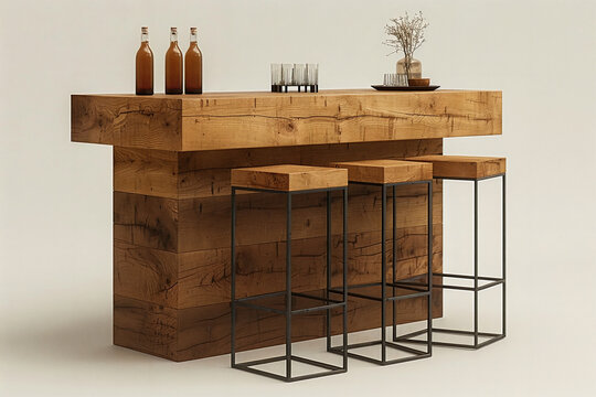  a sleek and minimalist bar counter, inspired by the functional and clean design philosophy of Dieter Rams. The bar should feature a sturdy frame made from black square profile tubing