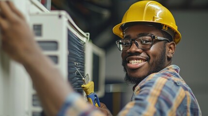 A smiling young electrician stands on a ladder with a screwdriver and a toolbox in his hands. Demonstrate confidence and expertise in maintaining, cleaning, repairing, or installing air conditioners.