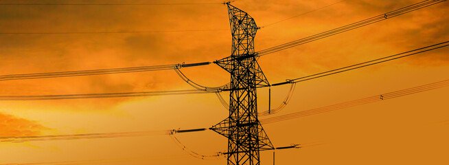 Banner High voltage pole electric wiring distribution landscape energy engineering. Electricity...