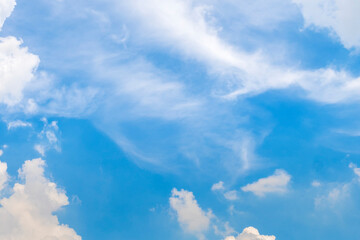 Tropical summer blue sky fluffy white cloud summertime on light sunny day cloudscape. Clear bright...