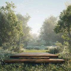 Obraz premium wooden platform in forest and meadow, natural light, soft atmosphere, natural materials, modern design