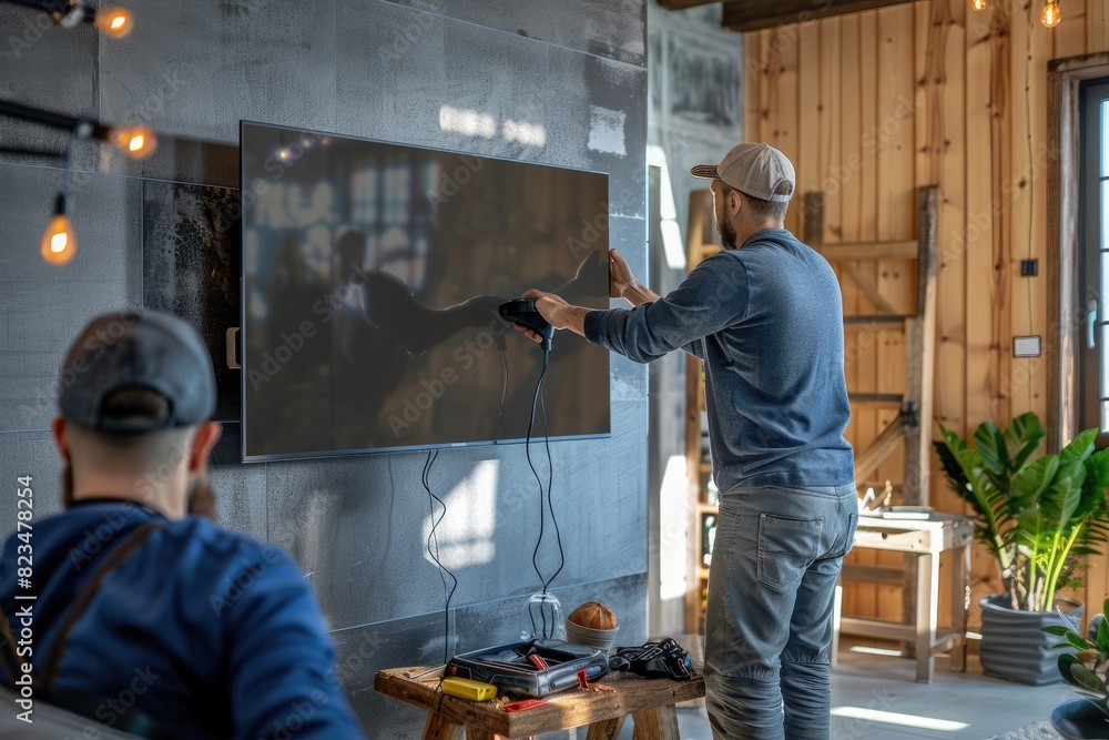 Poster A man is standing in front of a television, fixing it. Another man is sitting on a bench in the background