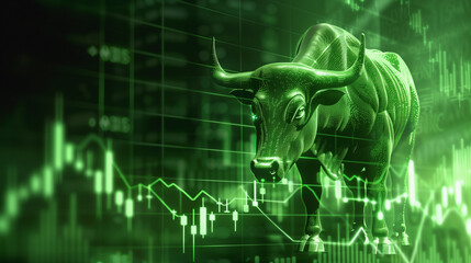 Green Bull with Financial Data Overlay