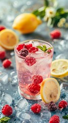 A glass of pink drink with raspberries and lemon slices