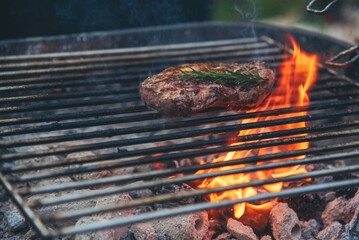 BBQ Barbecue grilled meat stick on fire flame with hot charcoal cooking outside. Beef grilling picnic outdoor with smoke bacon spicy sausage for party. Grill pork bbq on fire flame