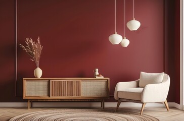A modern living room with burgundy wall paint, featuring an elegant wooden sideboard and beige armchair