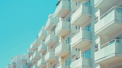 A row of white apartment buildings with many balconies.