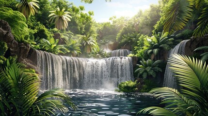 Cascading waterfalls in a lush green place, cut out 