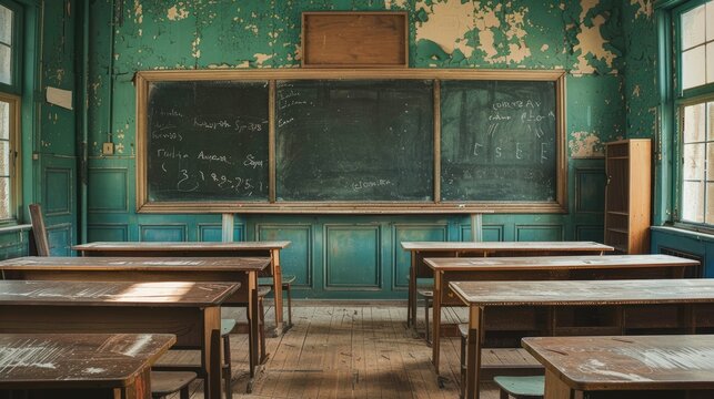 A classroom with a blackboard and wooden desks. The room is empty and the blackboard is covered in chalk
