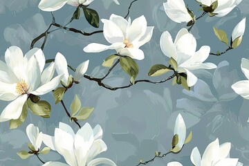 A painting of a branch with white flowers. The flowers are in various stages of bloom, with some fully open and others partially closed. The branch is thin and delicate