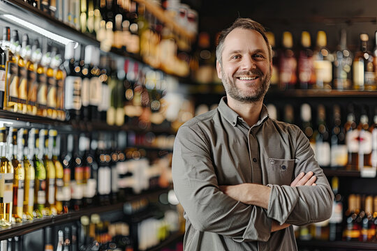 Smiling liquor store manager posing confidently, representing expertise