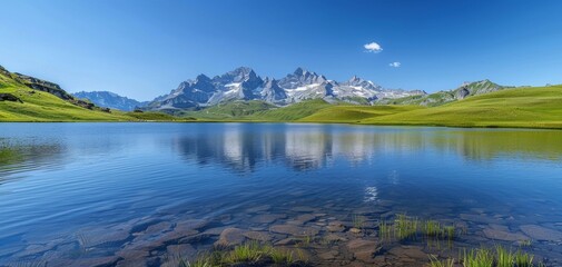 Serene mountain lake with a reflection of the surrounding peaks and clear blue sky