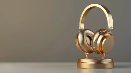 A pair of gold headphones on a marble podium against a dark background.

