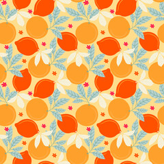 Seamless pattern with lemons and oranges. Vibrant tropic fruits print. Fruit repeated background. Citrus fruit background. Summer ornament. Perfect for textile, wrapping, stationary, packaging.