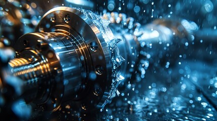Extreme close-up of a machine part being cooled by splashing liquid in a dynamic setting - Powered by Adobe