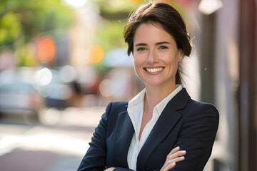 Fototapeta premium Smiling businesswoman with arms crossed outdoors on city street