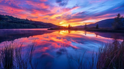 Serene sunset over a tranquil lake, with the sky painted in vibrant shades of orange, pink, and purple, reflecting on the still water
