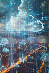 Obraz premium Abstract representation of a city's infrastructure with buildings morphing into cloud icons and data streams, illustrating the integration of cloud technology in urban development.