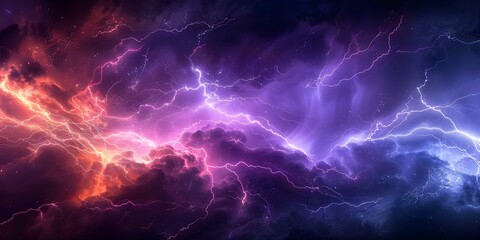 Obraz premium Vibrant fiery clouds and lightning bolts illuminate the stormy night sky. Concept Night Photography, Stormy Weather, Dramatic Lighting, Nature's Power, Atmospheric Conditions