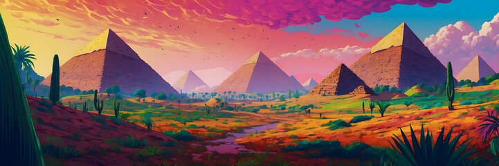 A beautifully stylized illustration of a sunset over an ancient Egyptian landscape with pyramids and a lush river valley