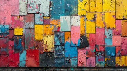 A wall composed of various painted wooden blocks, some featuring graffiti, showcases urban art and decay