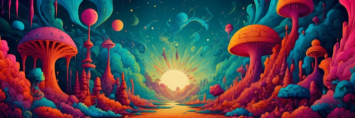 Enchanting digital art of a whimsical mushroom valley bathed in the light of an ethereal sunrise