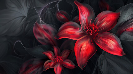 Fototapeta premium Beautiful abstract red flower on black decorative background as wallpaper illustration, Elegant Red Flower