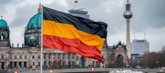 Germany flag waving with urban cityscape in the background, a patriotic symbol against city backdrop