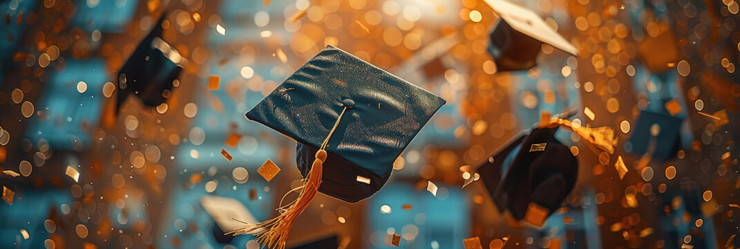 graduation celebration banner, graduation caps and golden confetti in the air, joyful festive vibes, bokeh effect