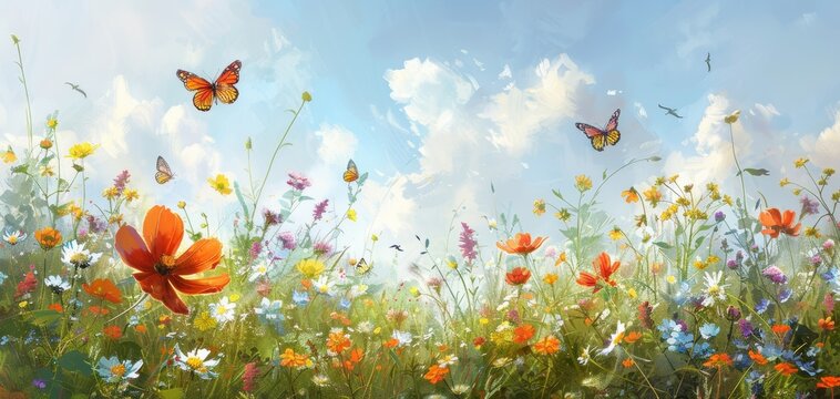 Sunny meadow with wildflowers in bloom, butterflies fluttering, and a gentle breeze blowing