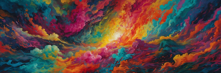 With an explosion-like effect, this image depicts a vibrant blend of colors resembling a cosmic event