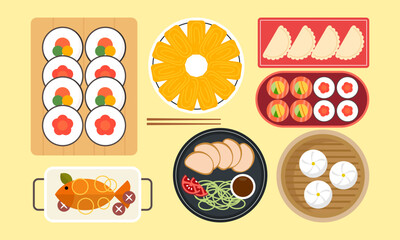 Asian kitchen. A lot of different seafood logo