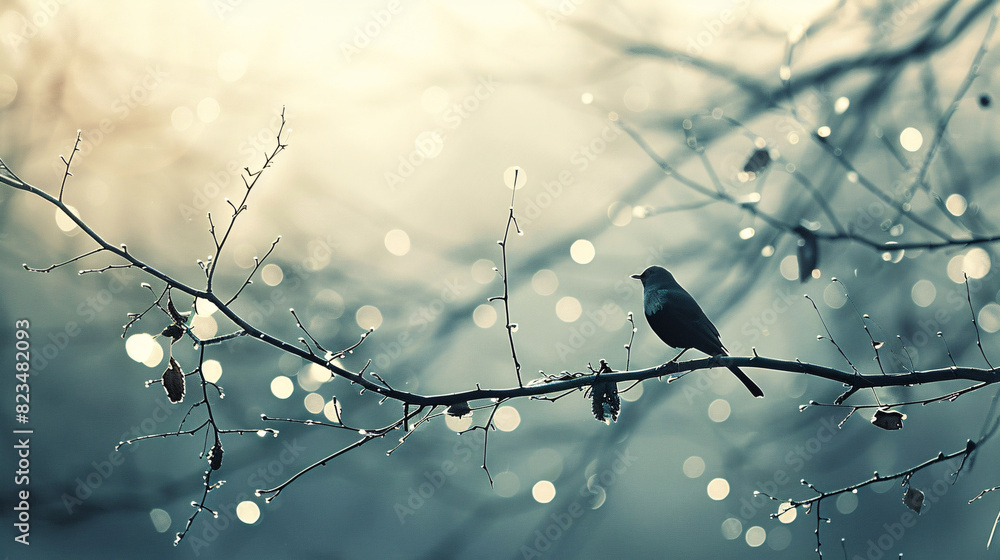 Poster lone bird on a winter branch. serene winter scene of a lone bird perched on a branch adorned with sp