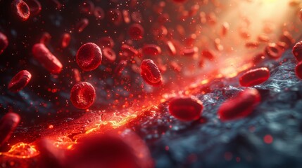 Detailed illustration of red blood cells flowing through a blood vessel with a focus on cellular structure and movement