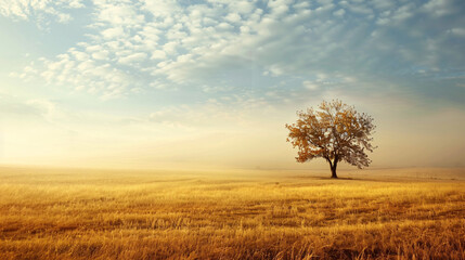 Serene golden field with lone tree at sunrise. Tranquil scene of a lone tree in a golden field bathed in the warm glow of sunrise. Perfect for nature, autumn, or landscape themes.