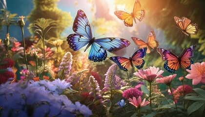 a colorful butterfly garden scene, where multiple butterflies with diverse and vibrant patterns flutter around a variety of flowers