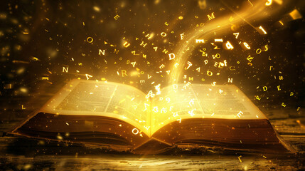 Open book with flying letters with a beauty magical