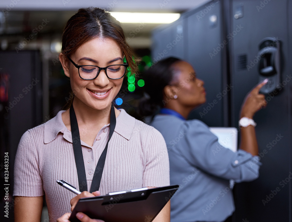 Poster Woman, computer and server room with tablet for security, firewall and safety from cyber attack. Technician, tech and data center with hardware for software update, encryption and database management