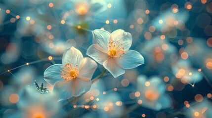A duo of delicate blue flowers bloom amidst a dreamy background of glowing bokeh lights, evoking magic and serenity