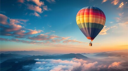 Fototapeta premium Colorful hot air balloon flying in the blue sky over clouds and mountains at sunrise or sunset. Travel, adventure concept. High resolution photography. Empty space on right side, high detail
