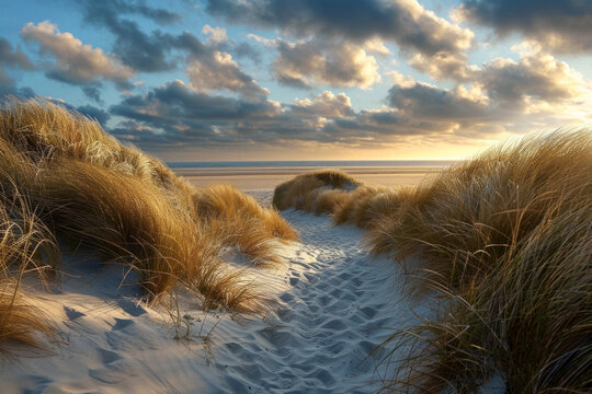 A pathway through sand dunes at a beach