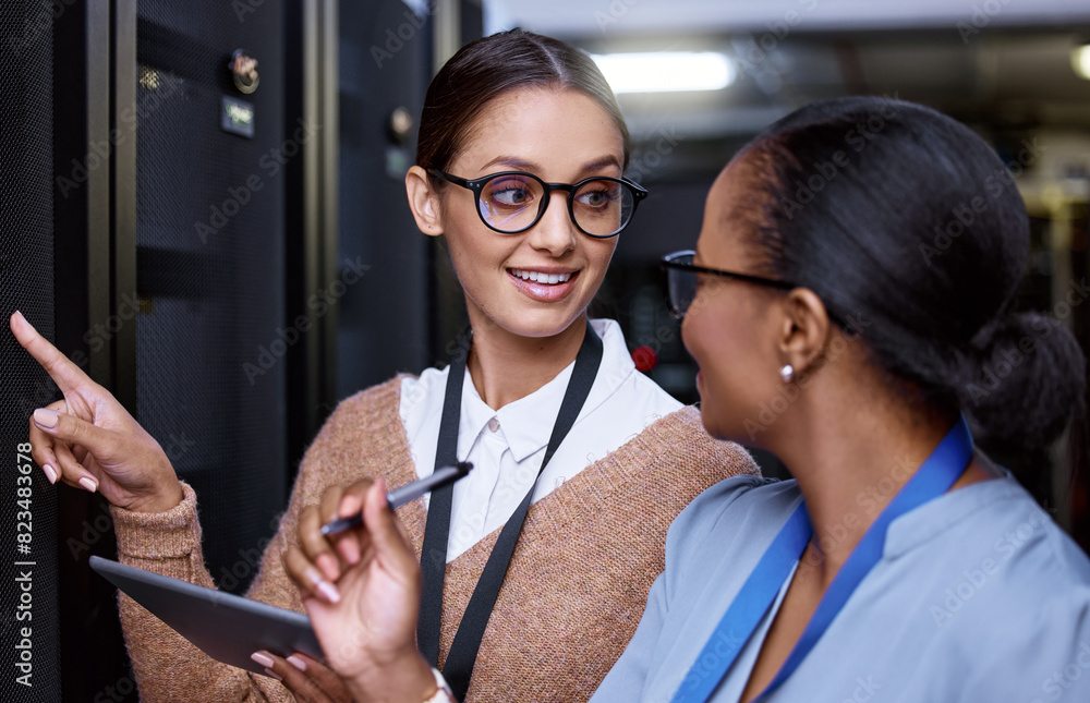Poster Programming, server and people with maintenance of technology and IT technician with teamwork. Datacenter, repair and problem solving to fix glitch, error or system inspection with tablet or solution