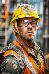 Construction worker in hard hat and safety gear, embodying grit