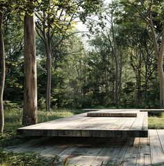 wooden platform in forest and meadow, natural light, soft atmosphere, natural materials, modern design