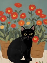 Floral Black Cat Painting Generative AI Illustration 