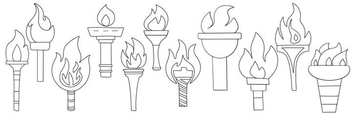 Collection of torches with flame in doodle style outline. Hand drawn vector art.