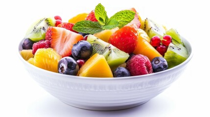 A bowl of fruit with a green leaf on top