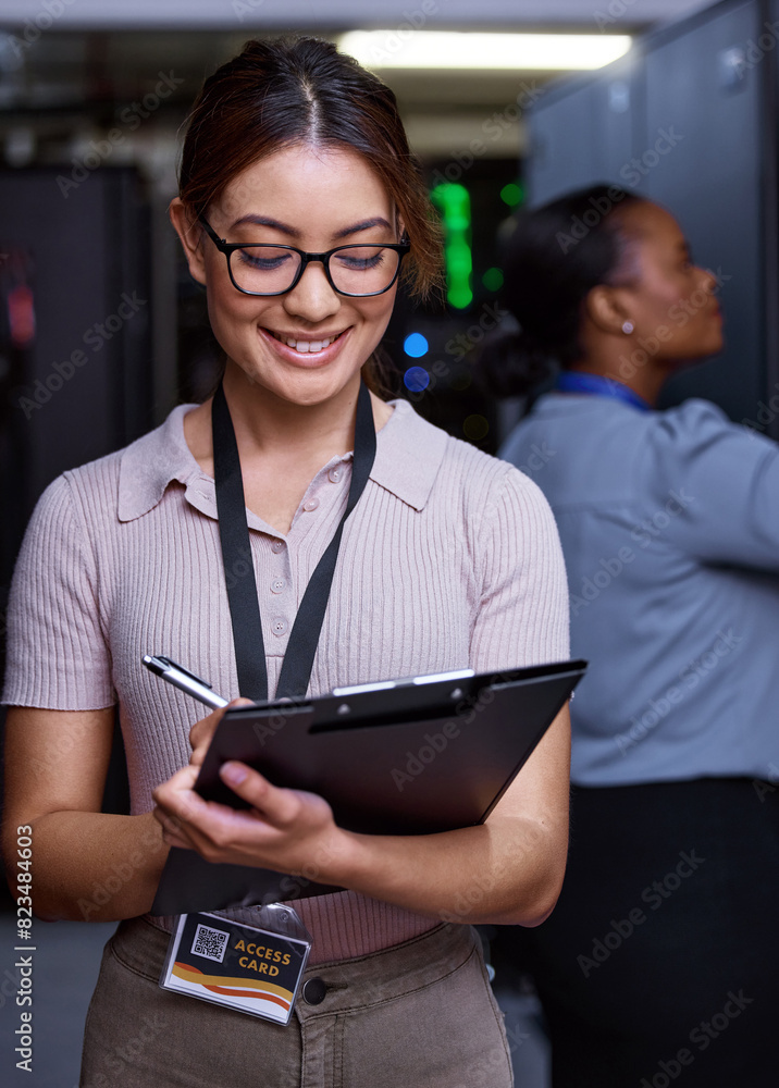 Aufkleber Woman, computer and server room with tablet for security, firewall and safety from cyber attack. Technician, tech and data center with software for system update, encryption and database management