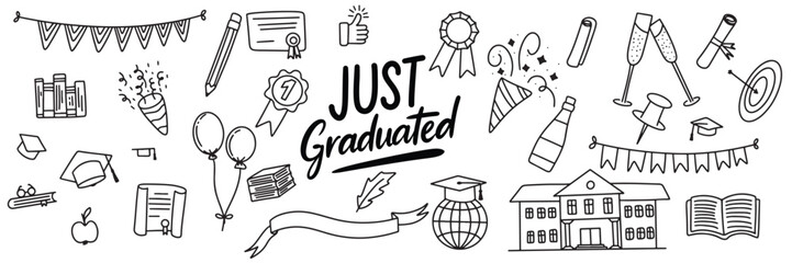 Collection of Graduation icons set in doodle style. Hand drawn vector art.